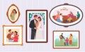 Set Of Happy Family Photos In Frames, Parents Holding Baby On Hands, Smiling Children And Grandparents, Newlyweds