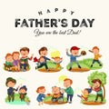 Set happy fathers day greeting card, dad fun with kids, parent of little childrens family vacation, daddy love holiday Royalty Free Stock Photo