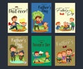 Set happy fathers day greeting card, dad fun with kids, parent of little childrens family vacation, daddy love holiday