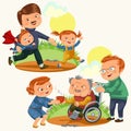 Set happy fathers day greeting card, dad fun with kids walking park, parent of little childrens family vacation, daddy