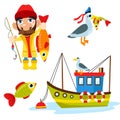 Set of happy fisherman character hold big fish, seagull, fish and boat Royalty Free Stock Photo