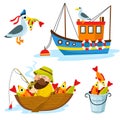 Set of happy fisherman character hold big fish, seagull, fish and boat