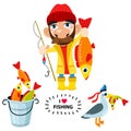 Set of happy fisherman character hold big fish, seagull, fish. Royalty Free Stock Photo