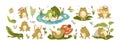 Set of happy frogs, funny toads and cute tadpoles. Set of childish froggy characters with pond, water, leaf, insect and