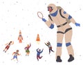 Set of happy fun people in different costumes for space party. Characters dressed as astronauts