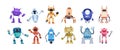 Set of happy funny cartoon childish robots wave hand, say hello. Cute kid cyborgs, retro, futuristic modern bots