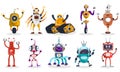 Set of happy funny cartoon waving childish robots