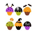 Set Of 6 Happy Halloween Cakes Sweets With Eyes, Skull, Bat, Witch Hat And Pumpkin