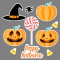 Set Happy Halloween design. Flat Jack pumpkin lantern. Vector illustration on a gray background. Royalty Free Stock Photo