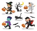 Set of Happy Halloween. Funny children in colorful costumes.