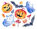 Set of happy Halloween watercolor on white background. Isolated hand drawn funny and cute characters, pumpkin, Ghost, bat, fly