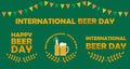 Set of happy international beer day posters and signs witn mug of beer, beer bottle, tagline. Flat vector illustration Royalty Free Stock Photo