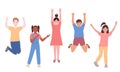 A set of happy joyful children having fun, jumping, dancing. Boys and girls of different skin colors are laughing. Flat Royalty Free Stock Photo