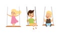 Set of Happy Kids Swinging on Rope Swings, Preschool Children Having Fun Outdoors Cartoon Vector Illustration