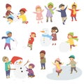Kids Playing in Winter Holiday Vector Set Royalty Free Stock Photo