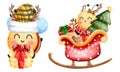 Set of happy little bees with red sleigh,gift box and christmas ornaments.Cute animal with christmas accessories illustration