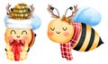 Set of happy little bees wearing a yellow beanie and red scarf with antler holdind a christmas gift boxs