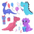 Set of happy little dinosaurs with birthday celebrate birthday. Festive party. Vector child cartoon baby dino, balloons and gift