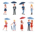 Set of happy man and woman under umbrella vector character design Royalty Free Stock Photo