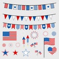 set, happy memorial day, typography, usa flag and commemorative elements, package design