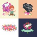 Set of Happy mothers day cards with greeting text and kids, baby boy and girl with bouqkuet of flowers in flat style