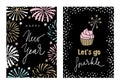 Set of Happy New Year greeting cards, party invitations with hand drawn fireworks, handlettered text and cupcake with a