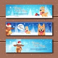 Set Of Happy New Year Horizontal Banners With Cute Dogs On Wooden Textured Background Royalty Free Stock Photo
