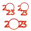 Set 2023 Happy New Year text design. Collection of symbols of 2023 Happy New Year. Large circle and blank space for design. Royalty Free Stock Photo