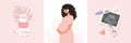 Set of happy pregnancy illustrations, positive pregnancy test and fetal ultrasound, pregnant woman, vitamins and