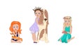 Set of happy preschool girl kid embracing and patting pet Royalty Free Stock Photo