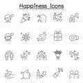 Set of Happy Related Vector Line Icons. Contains such Icons as smile, celebration, cheer, party, fun, enjoy, jump, firework,