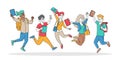 Set of Happy Students Characters Jumping with Backpacks and Textbooks. Schoolboys or Schoolgirls Laughing, Waving Hands