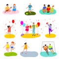 Set of happy teenagers celebrating a birthday party and playing various kinds of outdoor games. Vector illustration in