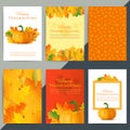 Set of happy thanksgiving day greeting card. Autumn holiday vector background. Pumpkin with fall leaves decoration and text. Royalty Free Stock Photo