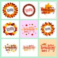 Set of Happy Thanksgiving day greeting card. Hand lettering. Autumn leaves of maple, wreath, turkey Royalty Free Stock Photo