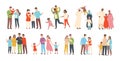 Set of happy traditional heterosexual families with children. Smiling mother, father and kids. Cute cartoon characters Royalty Free Stock Photo