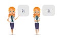Set of happy and unhappy women or scout troop leaders dressed in smart clothes and speech bubbles with place for text Royalty Free Stock Photo