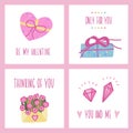 Set of Happy Valentines Day card poster with cute romantic hand drawn elements and lettering Royalty Free Stock Photo