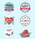 Set of Happy Valentines Day logo, labels, banner, icons with ornaments hearts, arrow and ribbon. Flat design.