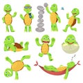 Set of happy young cartoon turtle in different poses. Fanny kid. T-shirt vector logo design Royalty Free Stock Photo