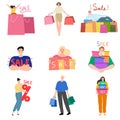 Set of happy young people shopping during sales vector illustration