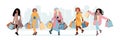 Set of happy young women in fashionable clothes with shopping bags on city background. Seasonal sale. Cute vector illustration Royalty Free Stock Photo