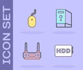 Set Hard disk drive HDD, Computer mouse, Router and wi-fi signal and Case of computer icon. Vector Royalty Free Stock Photo