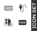 Set Hard disk drive HDD, Keyboard, Case of computer and USB cable cord icon. Vector