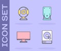 Set Hard disk drive HDD, Web camera, Computer monitor screen and Optical disc icon. Vector Royalty Free Stock Photo