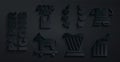 Set Harp, Body armor, Trojan horse, Broken ancient column, Laurel wreath and Medusa Gorgon icon. Vector