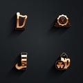 Set Harp, Medal with clover, Leprechaun boot and Glass of beer icon with long shadow. Vector Royalty Free Stock Photo