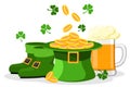 A set of hat with money, beer, and detail heeled boots on a white. Happy St. Patrick`s Day