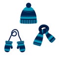 Set of hat, scarf, mittens of blue color with a pattern, winter. vector isolated on a white background Royalty Free Stock Photo