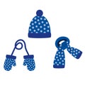 Set of hat, scarf, mittens of blue color with blue polka dots, winter. vector isolated on a white background Royalty Free Stock Photo